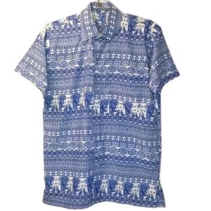 Raga Man Camp Hawaiian Shirt Adult Sz Small Blue Elephants Tropical Button Nwot